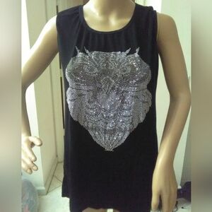 BNWOT Black Sleeveless Top with Silver OWL Design BY SHINY ONE SIZE
